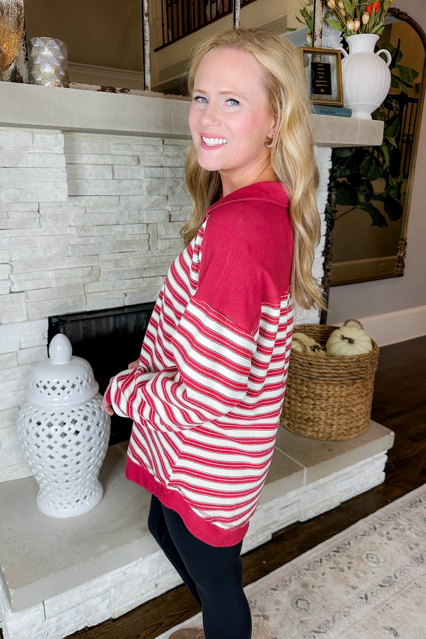 Oversized Stripe Buttoned Notch Neck Collared Top in Red