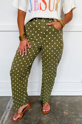 The Riley Barrel Polka Dot Pants in Olive