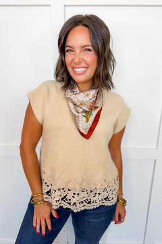 Trimmed In Lace Knit Top in Oatmeal