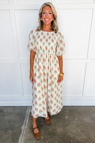 Autumn Petal Smocked Midi Dress