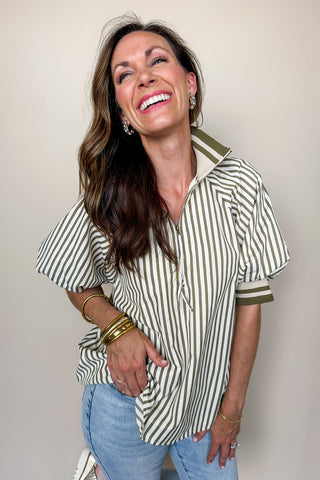 Olive & White Striped Zipper Collared Top
