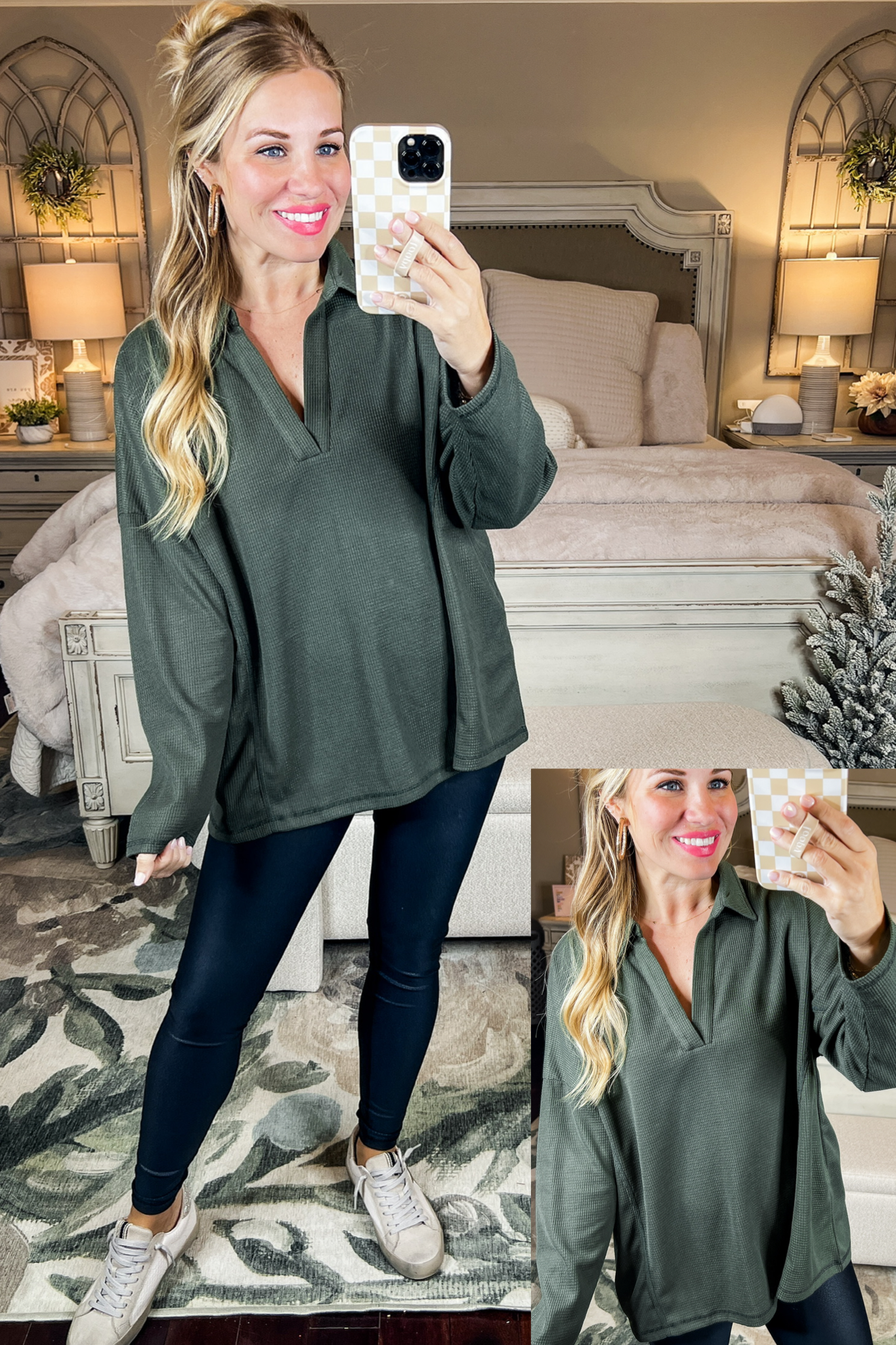 Olive Thermal Knit V Neck Collared Top