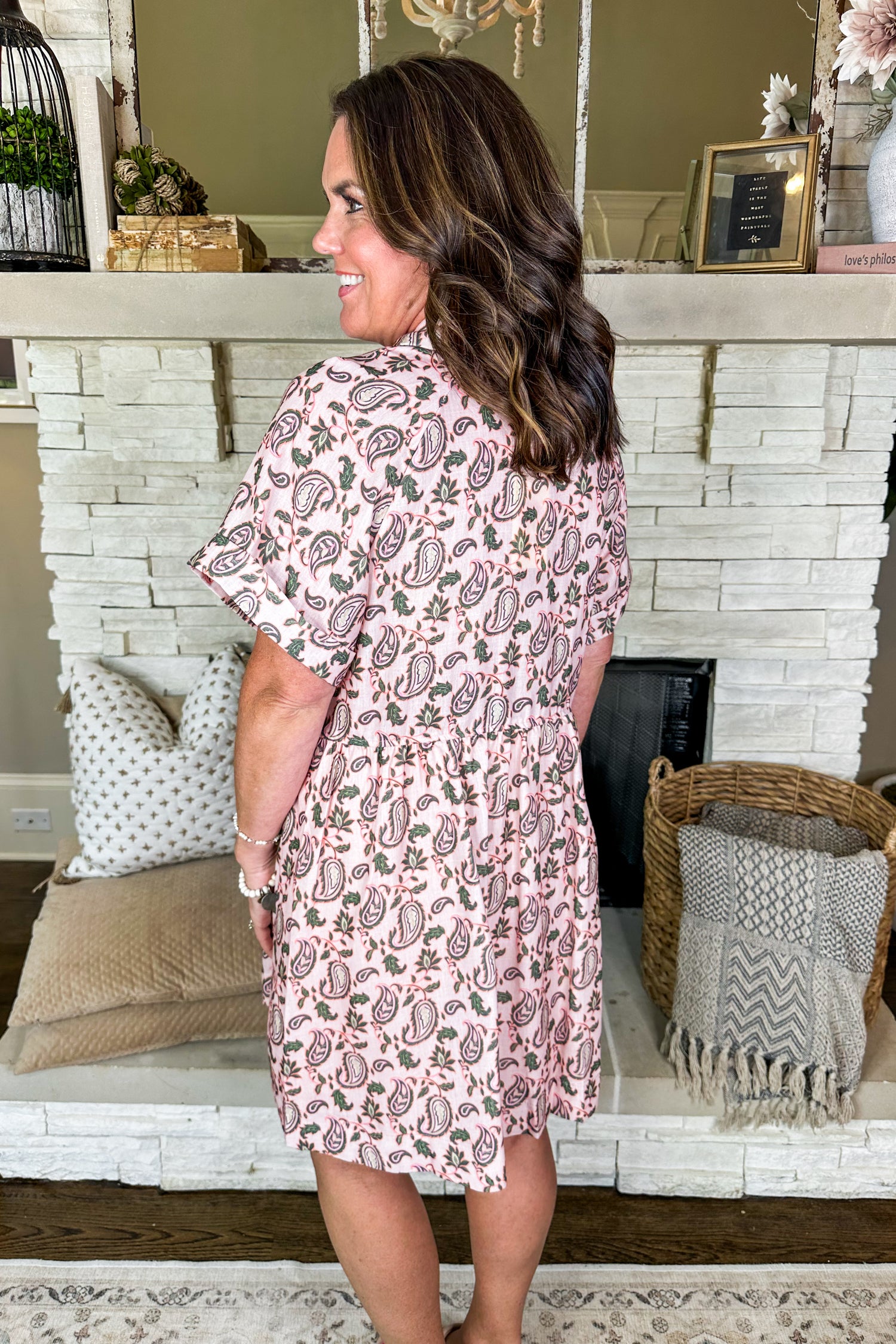 Soft Peach & Sage Paisley Button Down Collared Dress