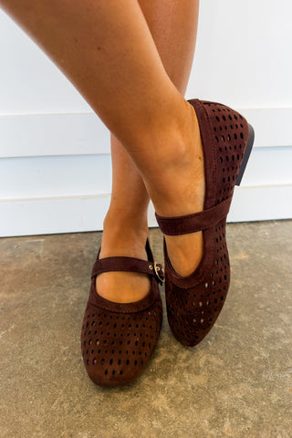 The Sheila Suede Eyelet Mary Jane Flat in Chocolate