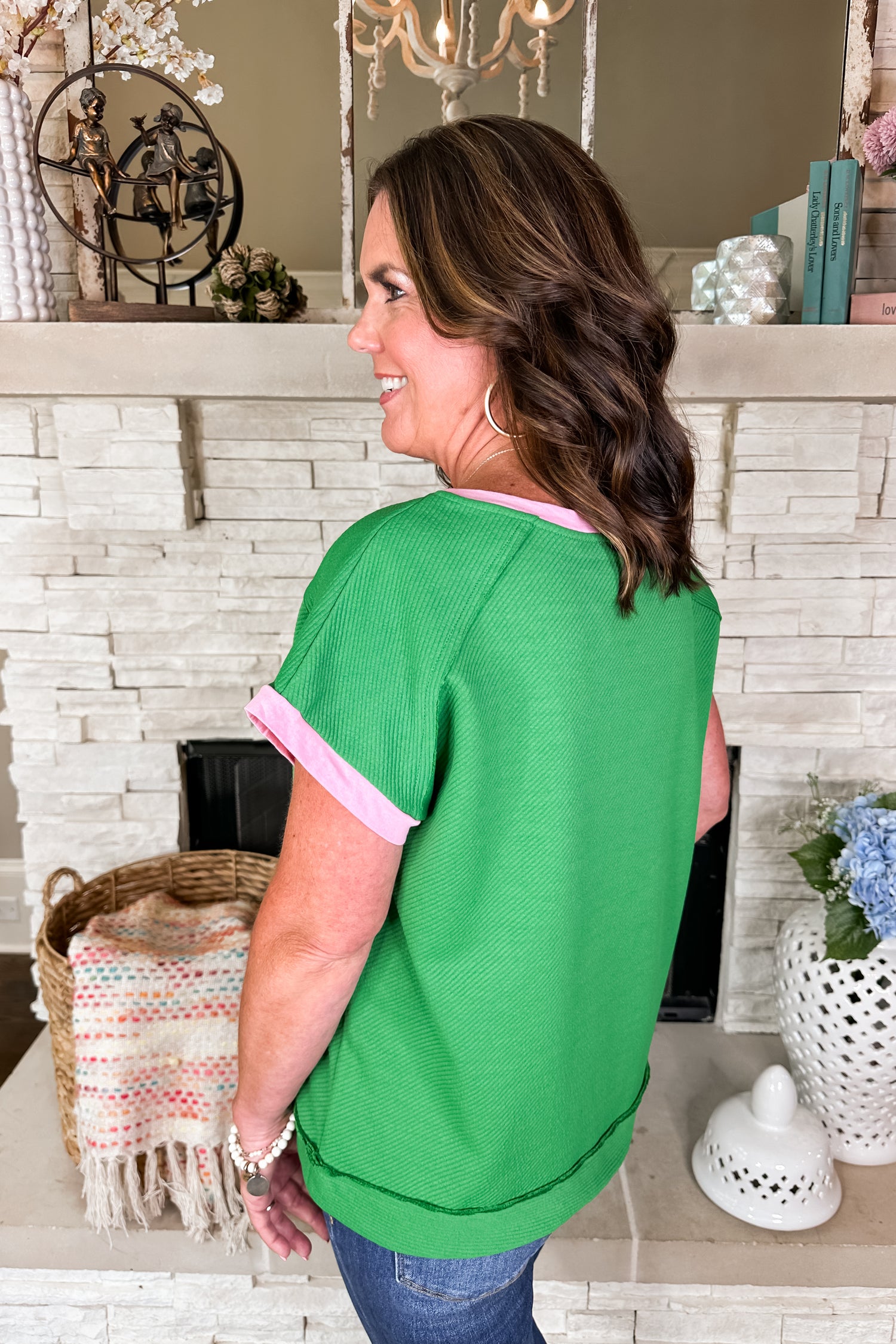 Green Ribbed Exposed Seam Pink Trim Top