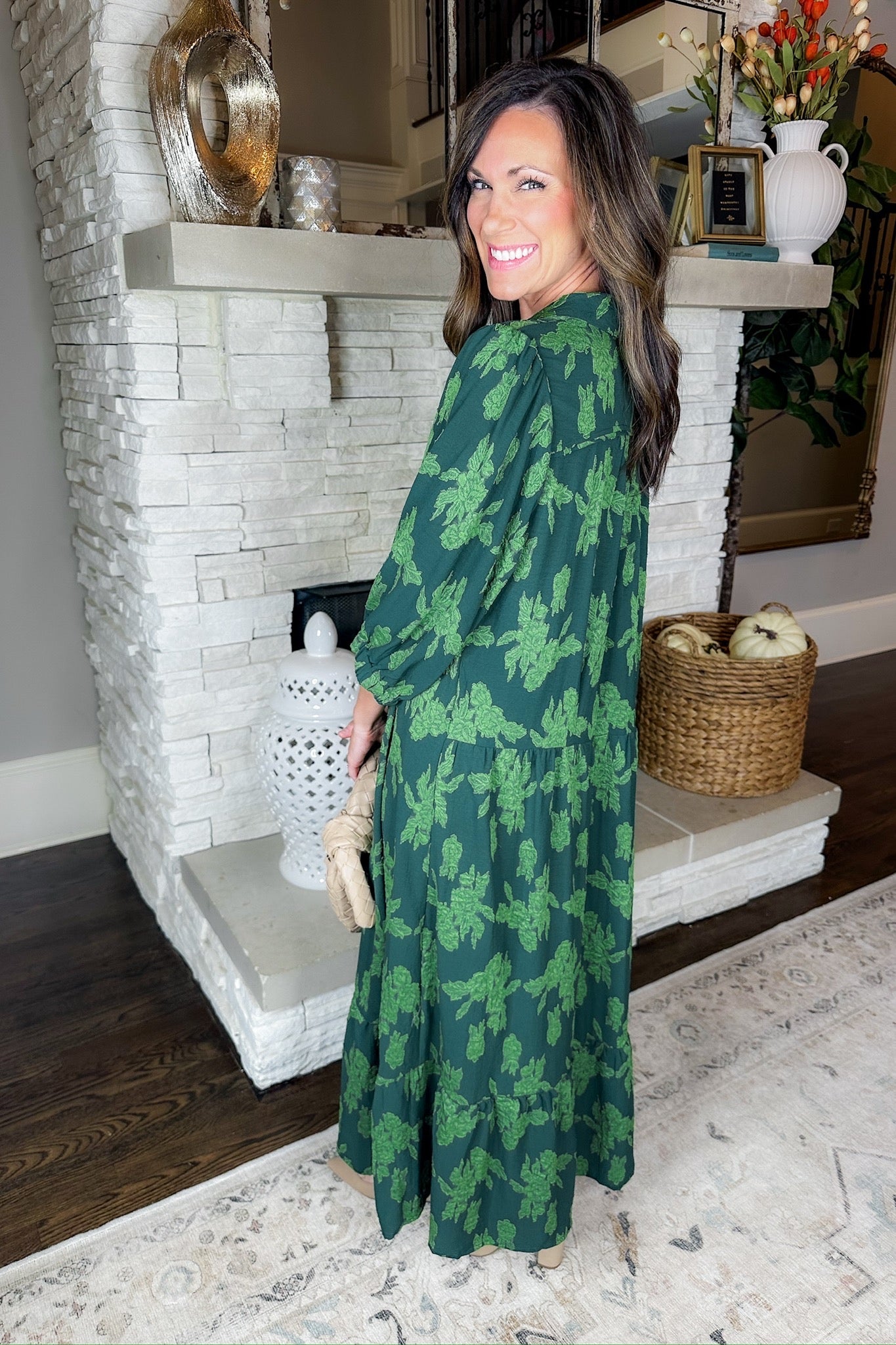 Hunter Green Floral Collared Notch Neck Midi Dress