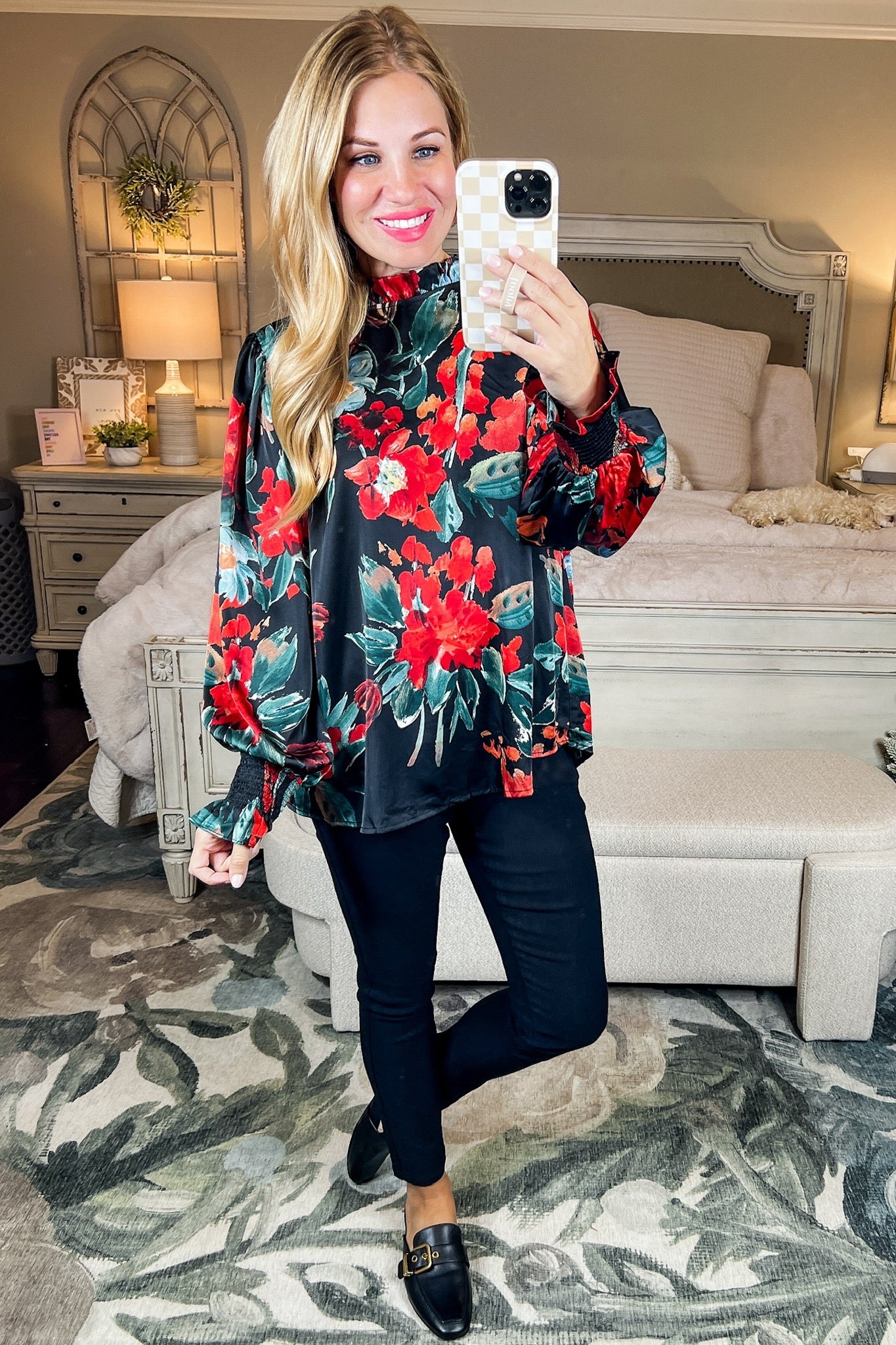 Red Teal Floral Ruffle Neck Top