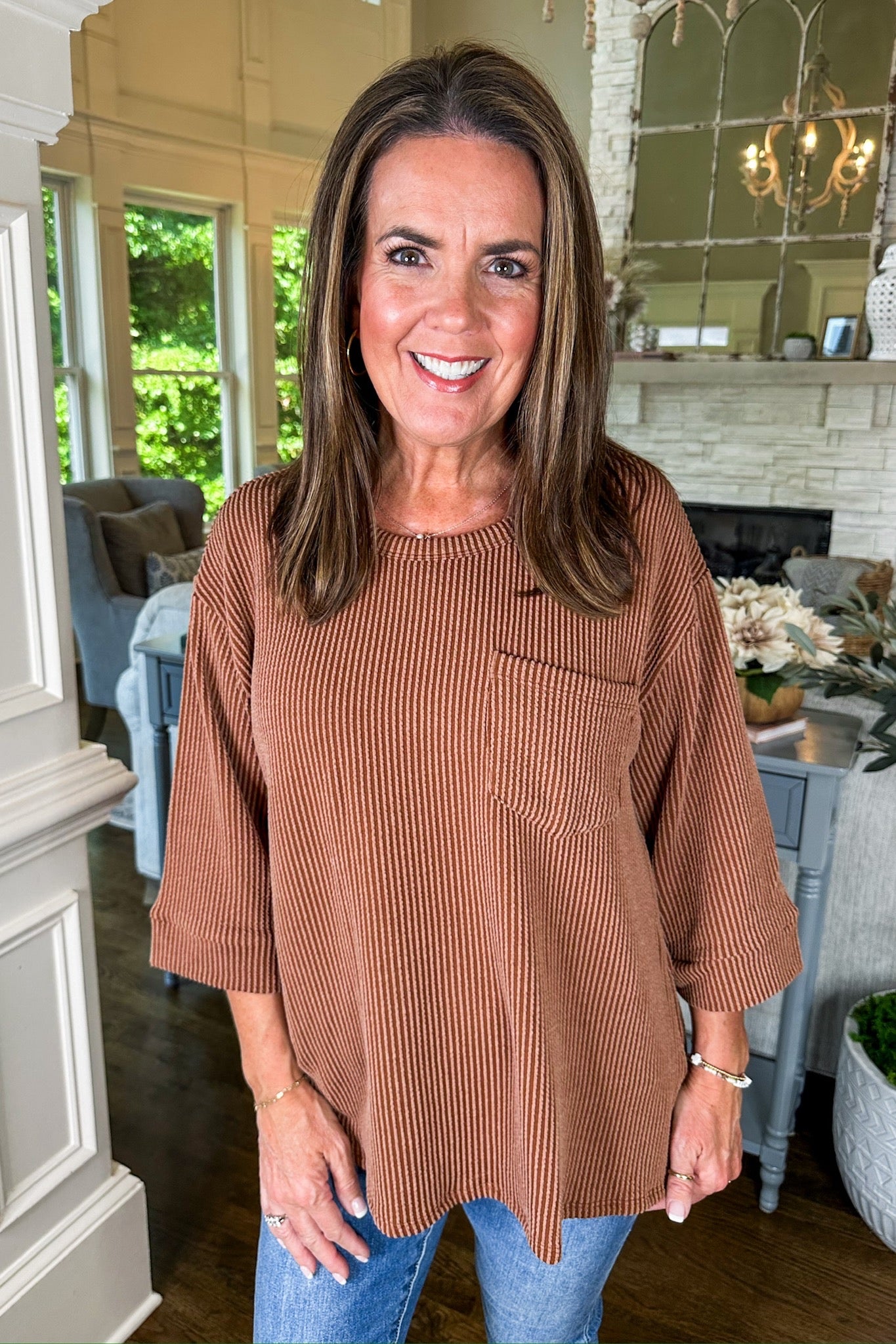 The Macy Ribbed Pocketed Three-Quarter Sleeve Top in Chestnut