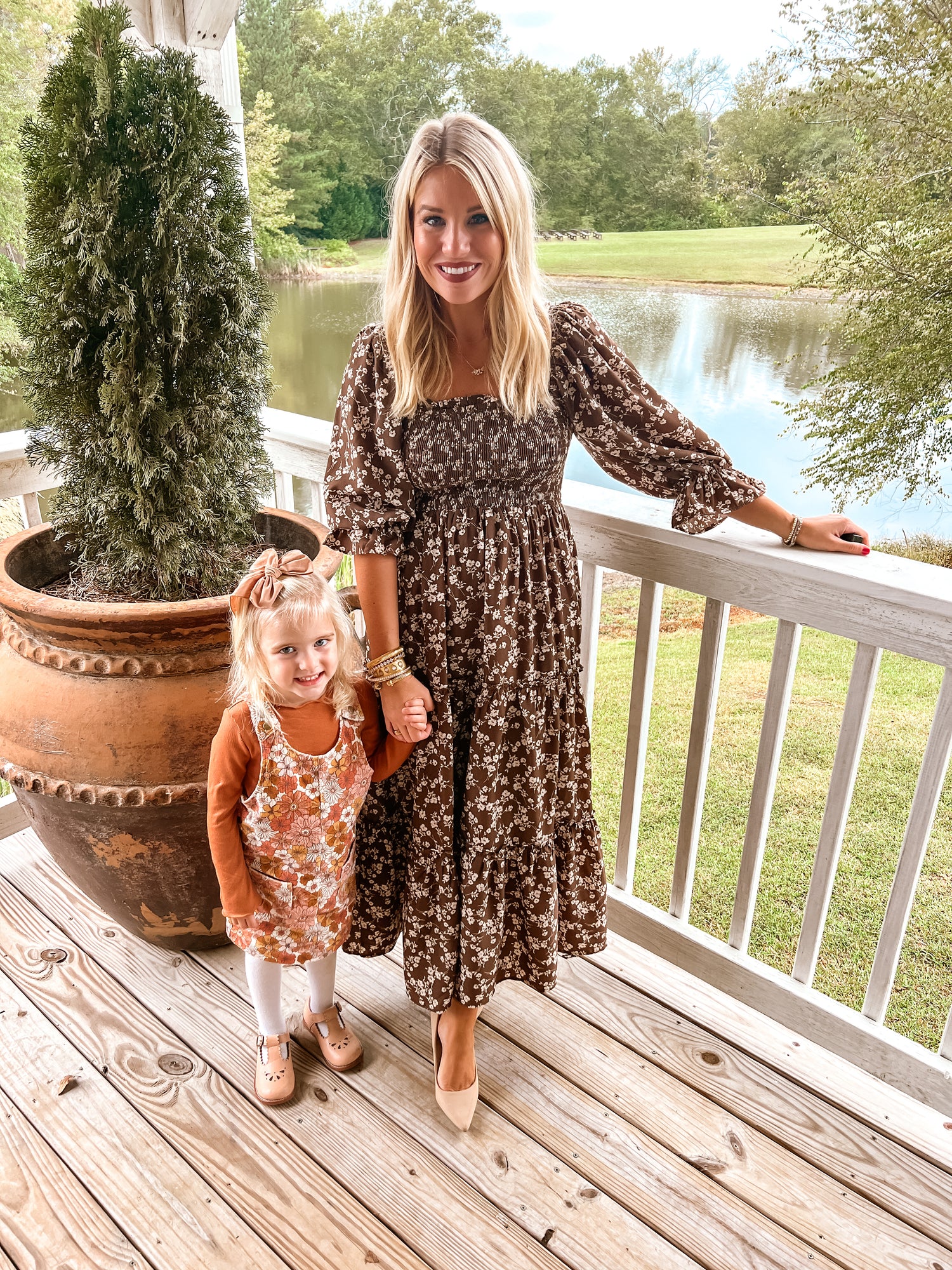 Brown Smocked Ditsy Floral Peasant Sleeve Tiered Midi Dress