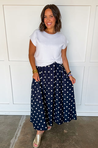 Polka Dot Two-way Midi Dress + Sweater Set in White & Navy