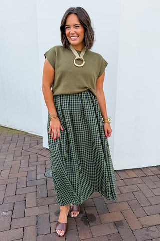 Two-way Gingham Maxi Dress + Knit Top in Olive