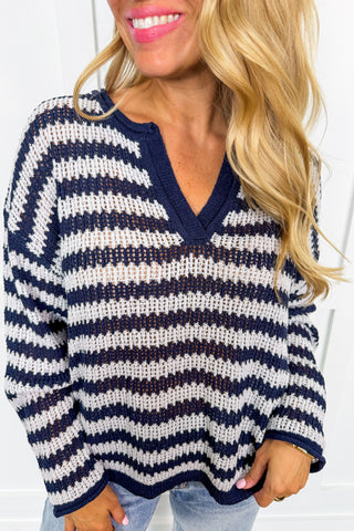 Effortless Stripe Notch Neck Sweater in Navy