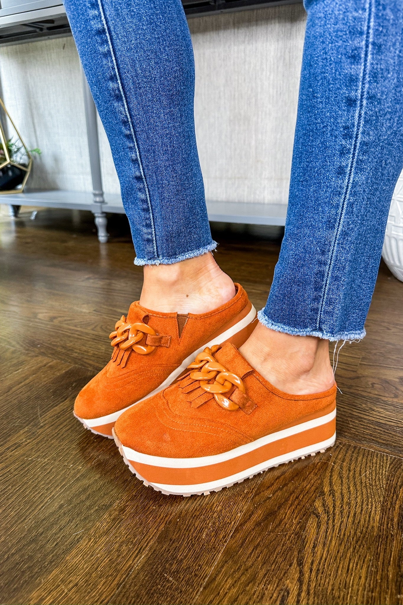 Chunky Chain & Fringe Backless Platform Loafer Sneaker in Whiskey Orange