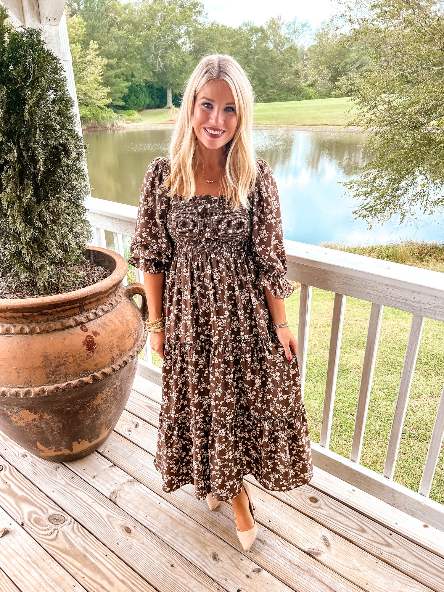 Brown Smocked Ditsy Floral Peasant Sleeve Tiered Midi Dress