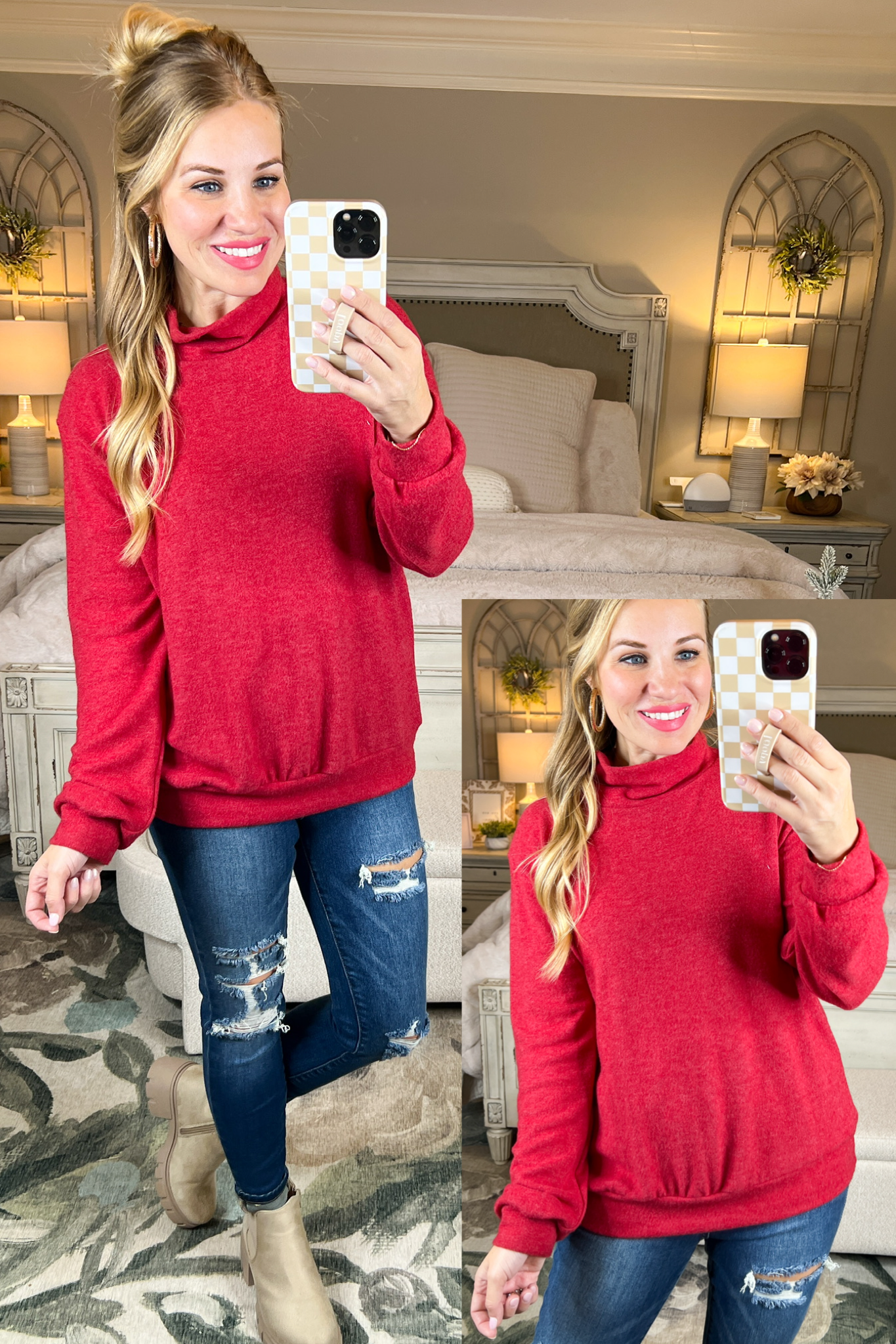 Cozy Cowl Neck Sweater Top in Red