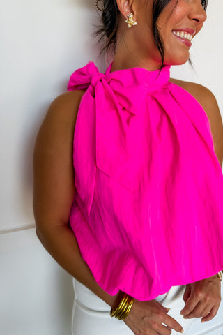 Classical Moment Halter Style Bow Top in Hot Pink