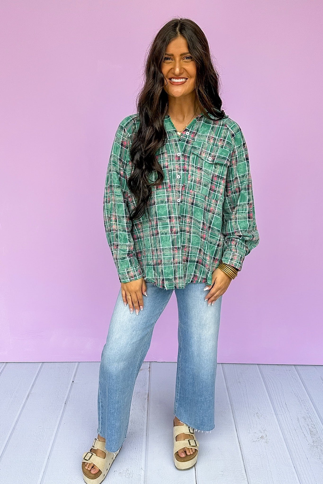 Acid Wash Kelly Green & Pink Button Down Plaid Flannel