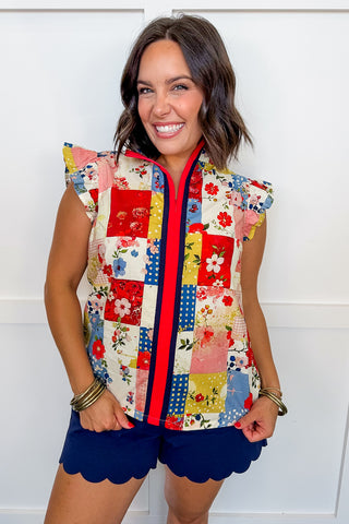 Patchwork Stripe Zip Top in Red