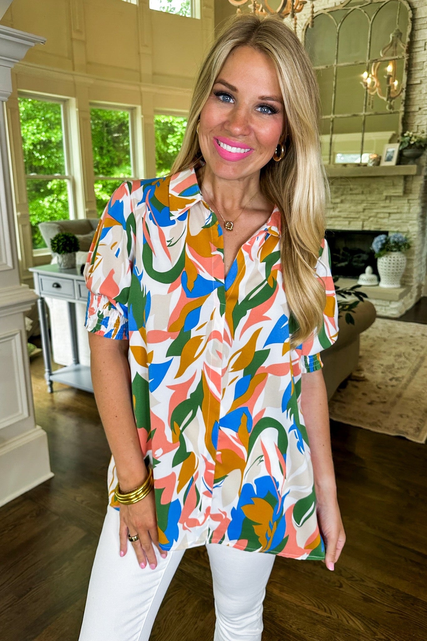 Multi Color Abstract Smocked Sleeve Collared Top