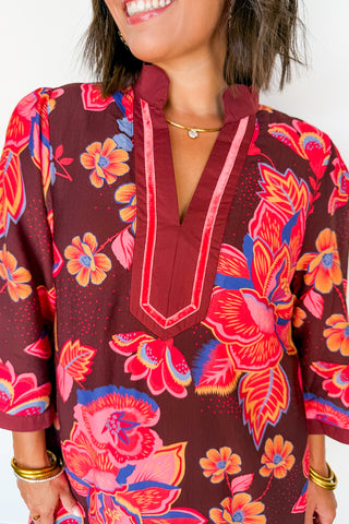 Pink Punch Floral Dress in Brown