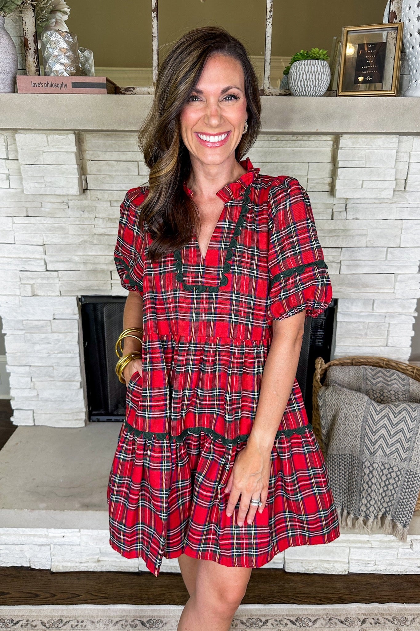 Green Scallop Trim Red Plaid Tiered Babydoll Dress