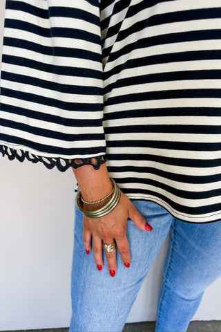 Black & White Striped Boxy Lace Detail Top