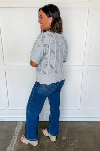 The Delilah Scallop Open Knit Top in Grey