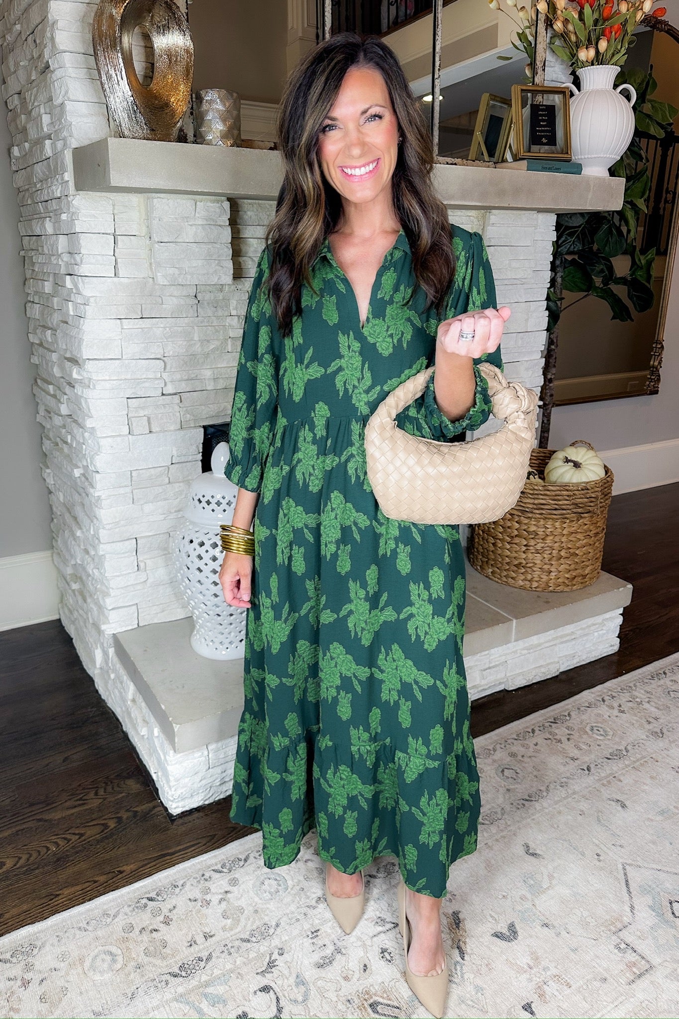 Hunter Green Floral Collared Notch Neck Midi Dress