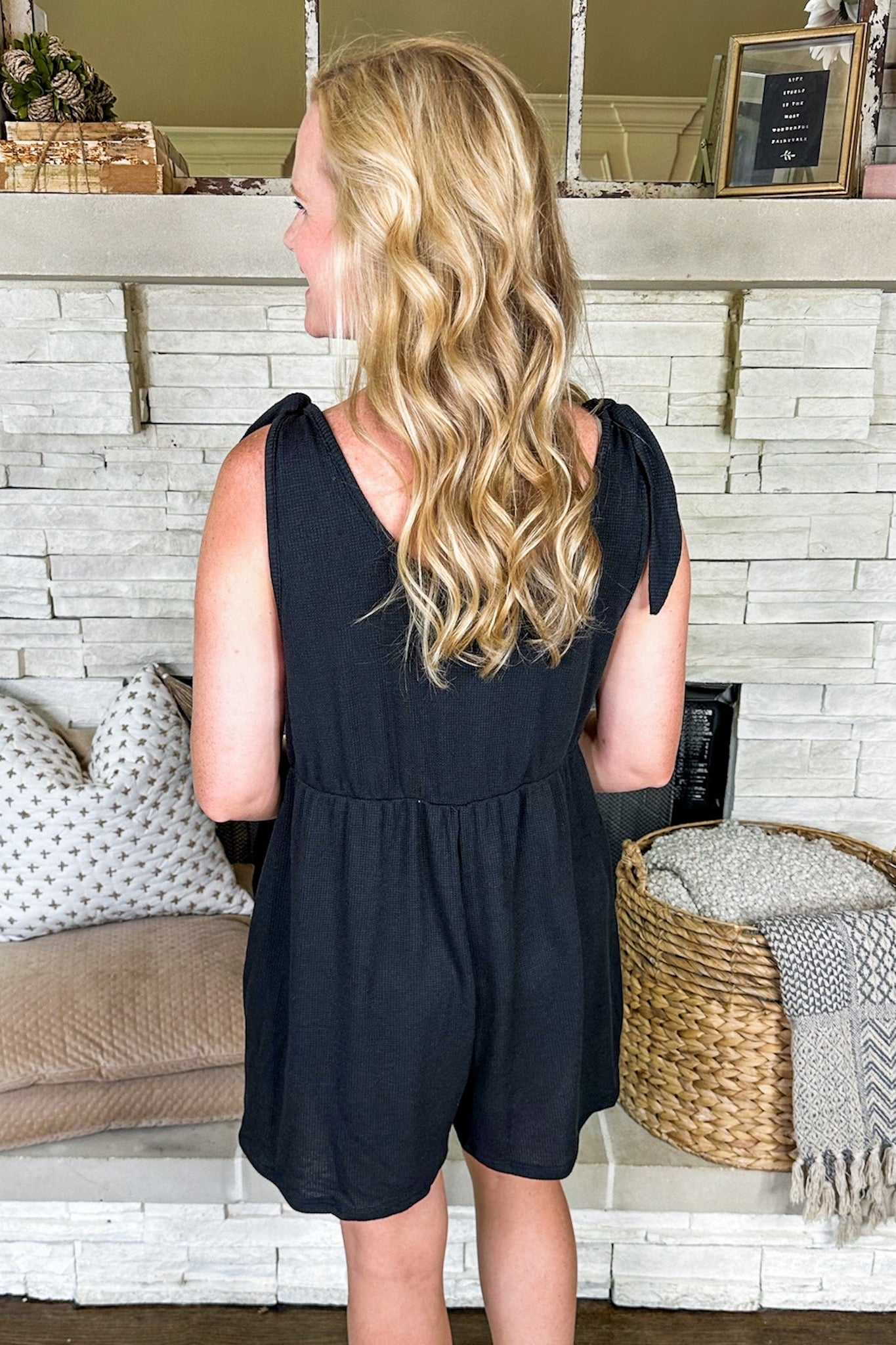 Tie Shoulder Textured Pocketed Black Romper