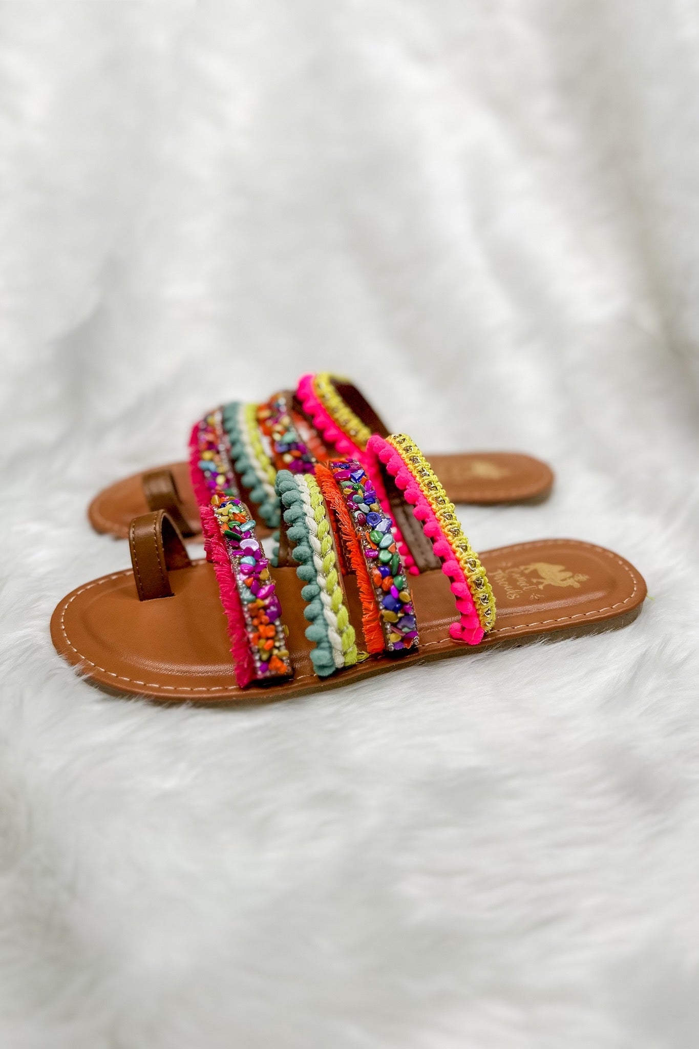 Multi Strap Boho Woven Studded Camel Threads Sandal in Rainbow