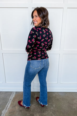Vintage Floral Button Down Long Sleeve Top in Black