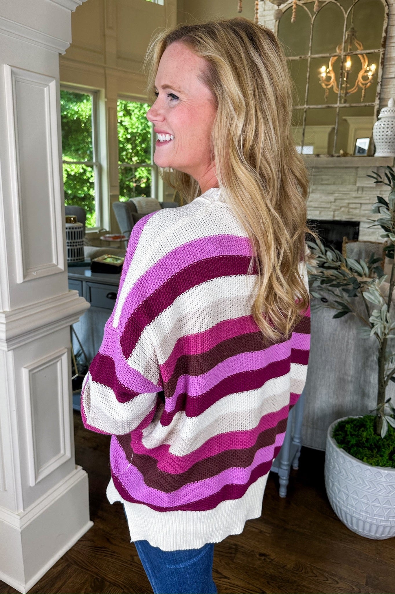 Oversized Multi Color Striped Knit Sweater in Mauve Mix