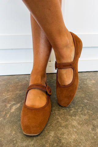 The Mya Suede Mary Jane Flat in Cognac