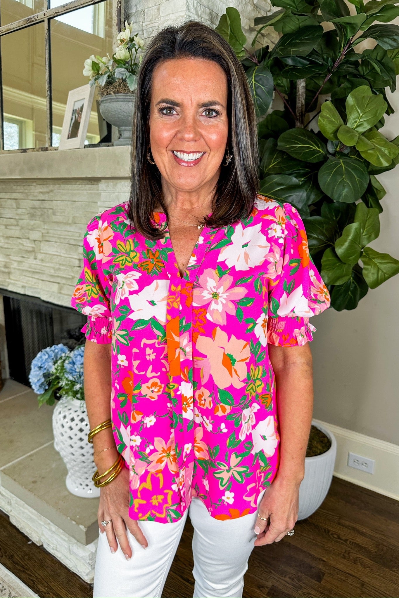 Floral Top with Smocked Bubble Sleeves in Neon Pink