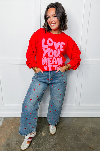 Sweetheart Embroidered Hearts Wide Leg Jeans