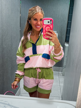 The Kameron Pink & Chartreuse Stripe Short Set