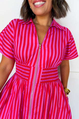 Best Selling Krissy Zip-up Maxi Stripe Dress in Hot Pink Red Stripes
