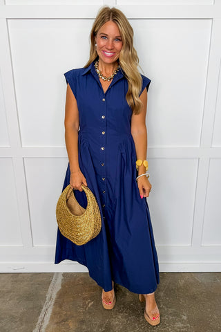 The Amy Button Front Midi Dress in Navy