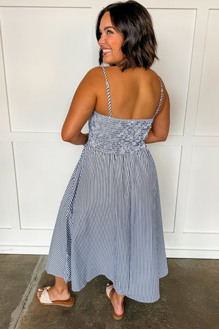 Sweet Escape Pin Stripe Midi Dress in Navy