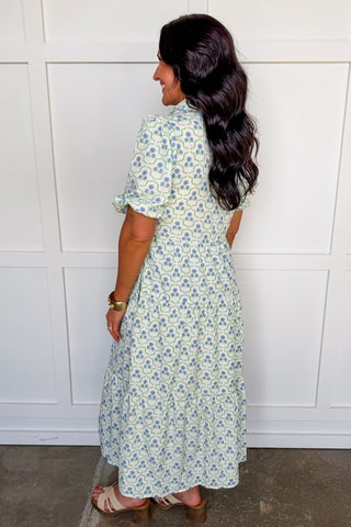 The Eloise Midi Dress in Sweetbriar Lattice Blue by Mary Square