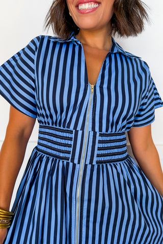 Best Selling Krissy Zip-up Maxi Stripe Dress in Navy
