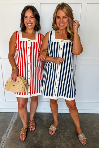 Boardwalk Stripe Button Mini Dress in Red