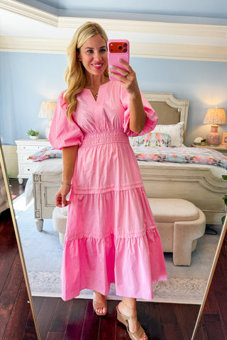 The Katie Dress — Tiered Midi Dress in Light Pink