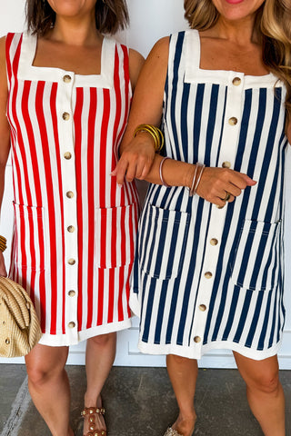 Boardwalk Stripe Button Mini Dress in Red