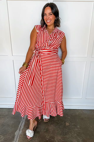 Story To Tell Stripe Wrap Asymmetrical Button Down Midi Dress in Red Jules & James Boutique Story To Tell Stripe Wrap Asymmetrical Button Down Midi Dress in Red Jules & James Boutique