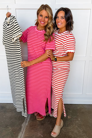 Pink & Red Stripe Midi Dress