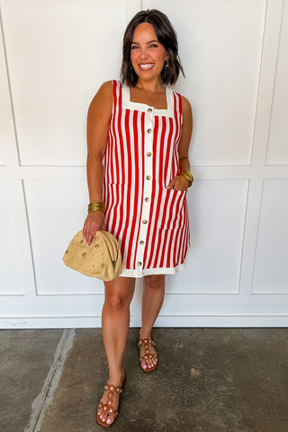 Boardwalk Stripe Button Mini Dress in Red