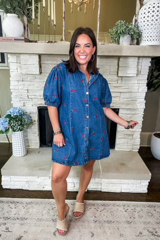 Cherry Picked Button Down Denim Dress