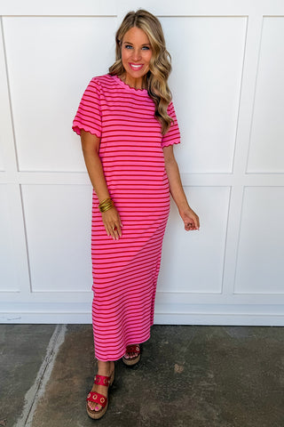 Pink & Red Stripe Midi Dress