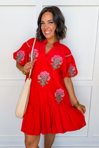 Red Petal Charm Drop Waist Dress